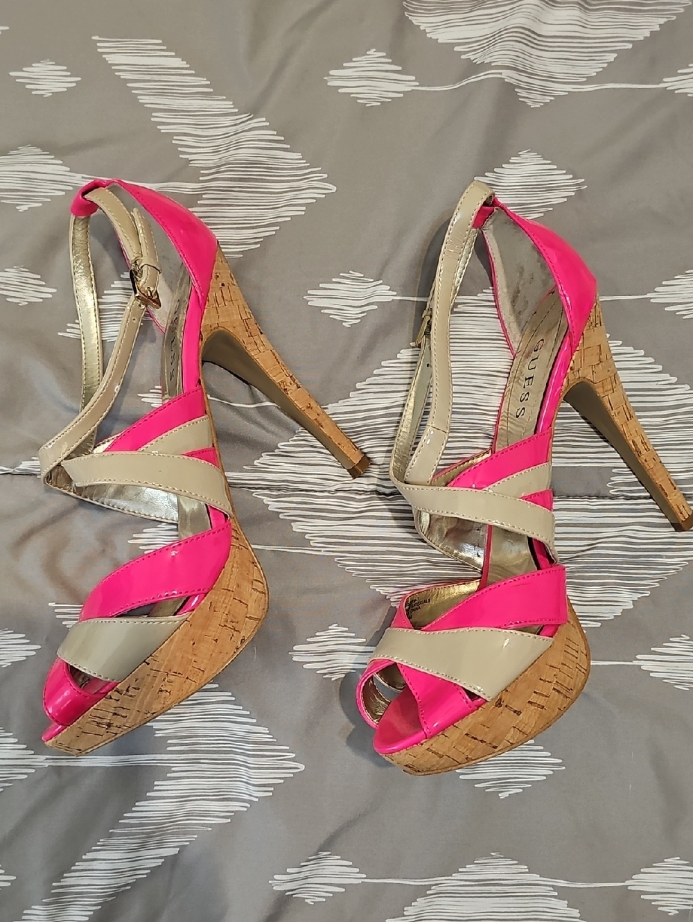 Guess Hot Pink and Beige Cork Platform Stiletto Sandals